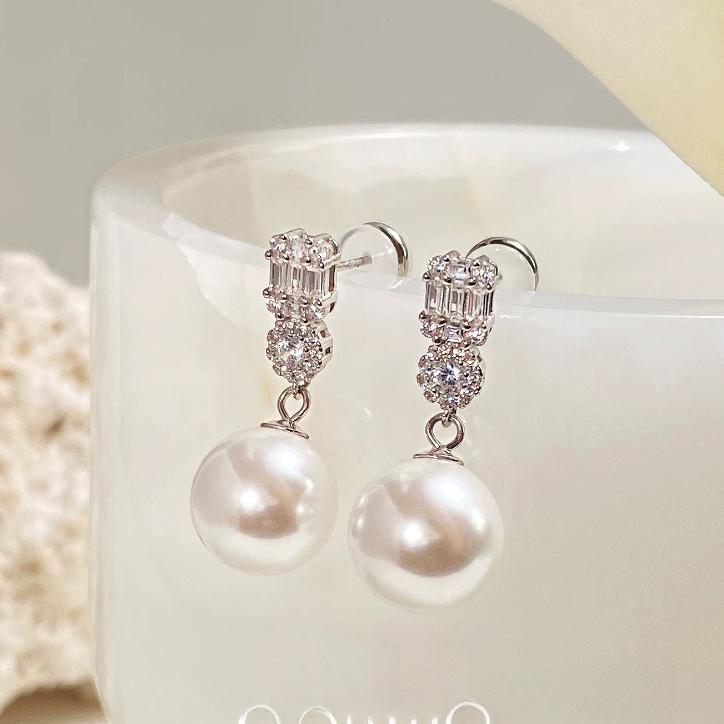 14mm French Style White Pearl Earrings Faux Pearl High End Niche Zircon Diana Stud Earrings for Women Trendy Jewelry