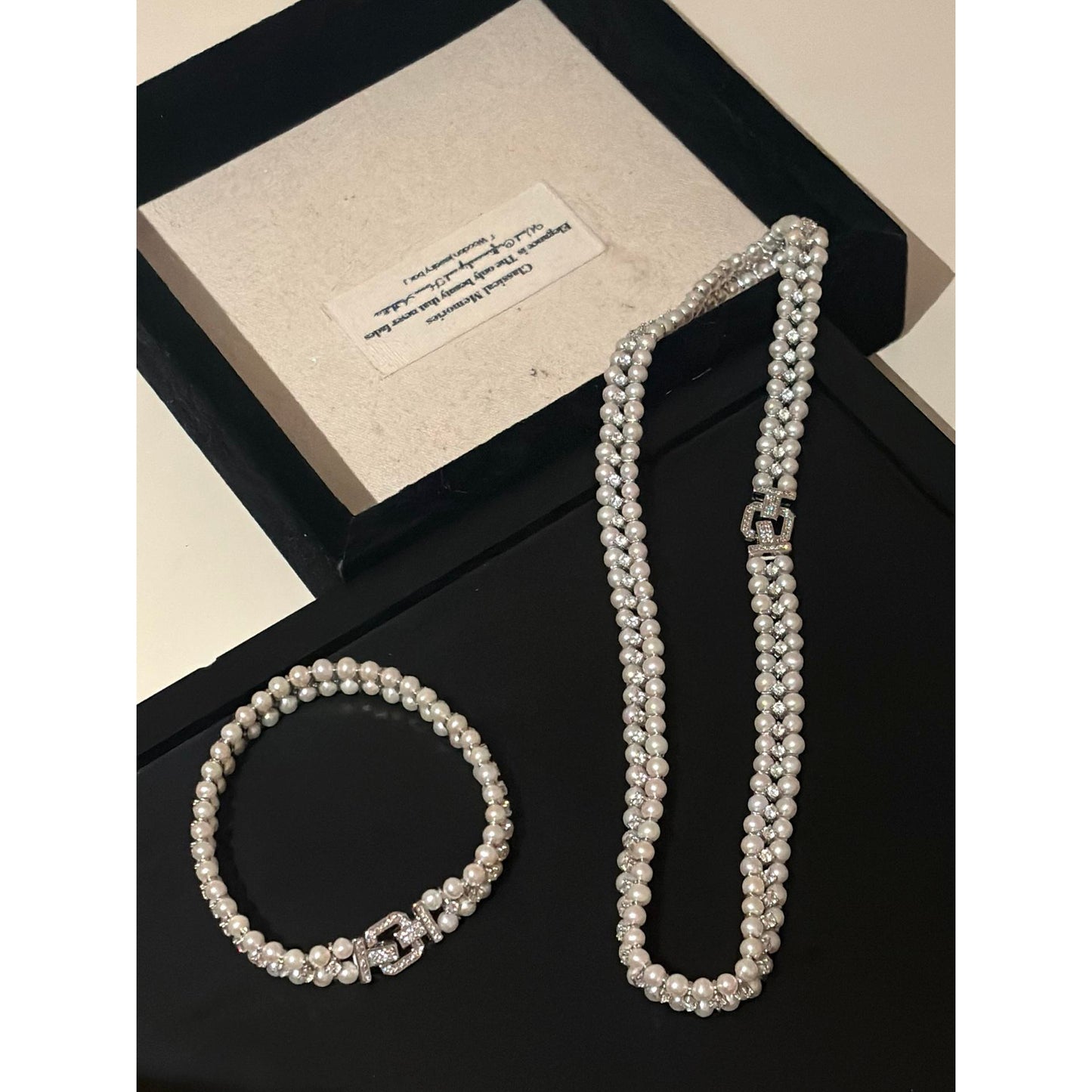 5mm Double-Row Pearl Necklace & Bracelet Set – Zircon Clasp, Elegant Party Jewelry Gift for Women