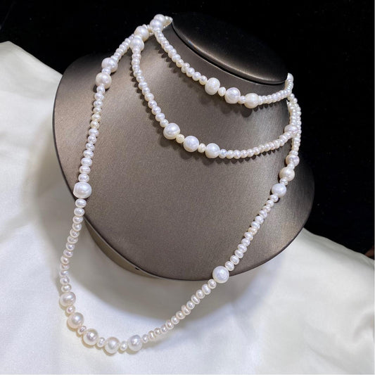 5–6mm Natural Freshwater Pearl Long Necklace – 120cm Chanel-Inspired Sweater Chain, Elegant Beaded Design for Women