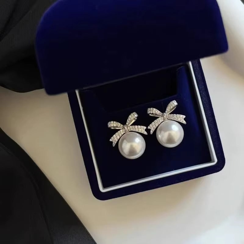 Cute Bow White Pearl Stud Earrings for Women 12mm 14mm, Butterfly Knot Pearl Earrings, Elegant Fashion Jewelry, Birthday Gift