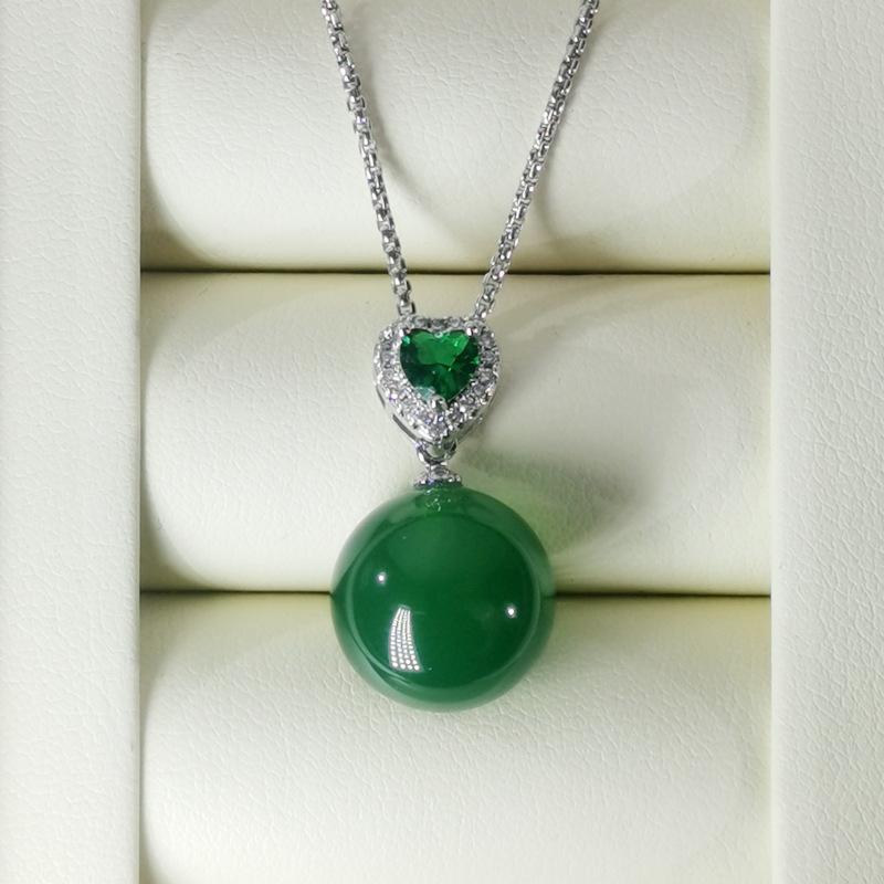 Green Chalcedony Jewelry Set – Pendant Necklace & Drop Earrings with Zircon, Elegant Party Statement Set for Women