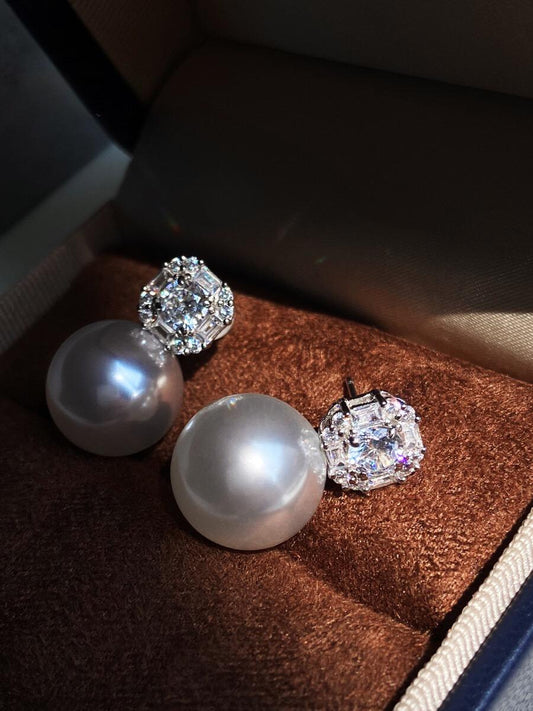 Small Sugar Cube Pearl Stud Earrings Premium Sense Silver Needle Super Flash Large Classic Earrings 12mm