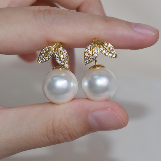 14Mm zircon fishtail leaf pearl stud earrings, white, gold, pink earrings, seaside photos, parties, birthday gifts