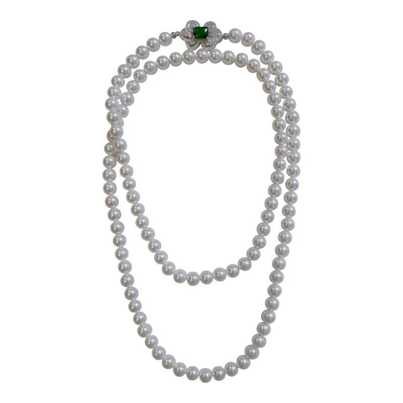Premium Green Bow White Pearl Long Necklace for Women Vintage Old Money French Luxury Birthday Gift