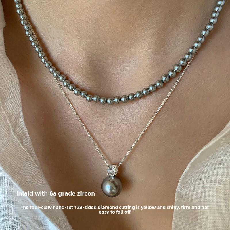 S925 sterling silver, single pearl pendant necklace, collarbone chain neck chain, white, gray pearl baby beads, can be stacked.