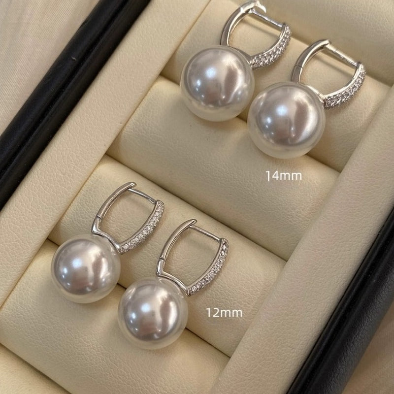 Elegant French Style Pearl Drop Earrings - S925 Sterling Silver | Classic & Versatile Dangle Hoops with Cubic Zirconia