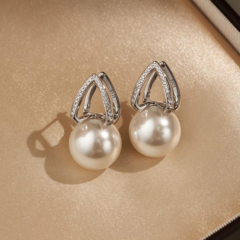14mm White Pearl Earrings Set Gift Bead Pearl Micro Diamond Studs Elegant Women Jewelry Trendy Accessories Luxury Design High Quality Fashion Ear Cuff