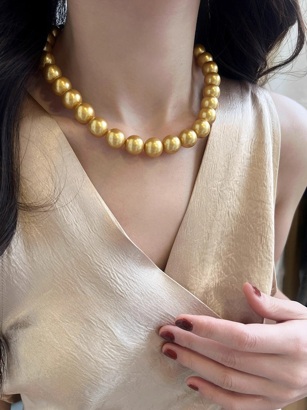 Nanyang Gold Bead Pearl Necklace for Women | 14mm High-End Light Luxury | 2025 New Trend | Large Niche Gold Necklace