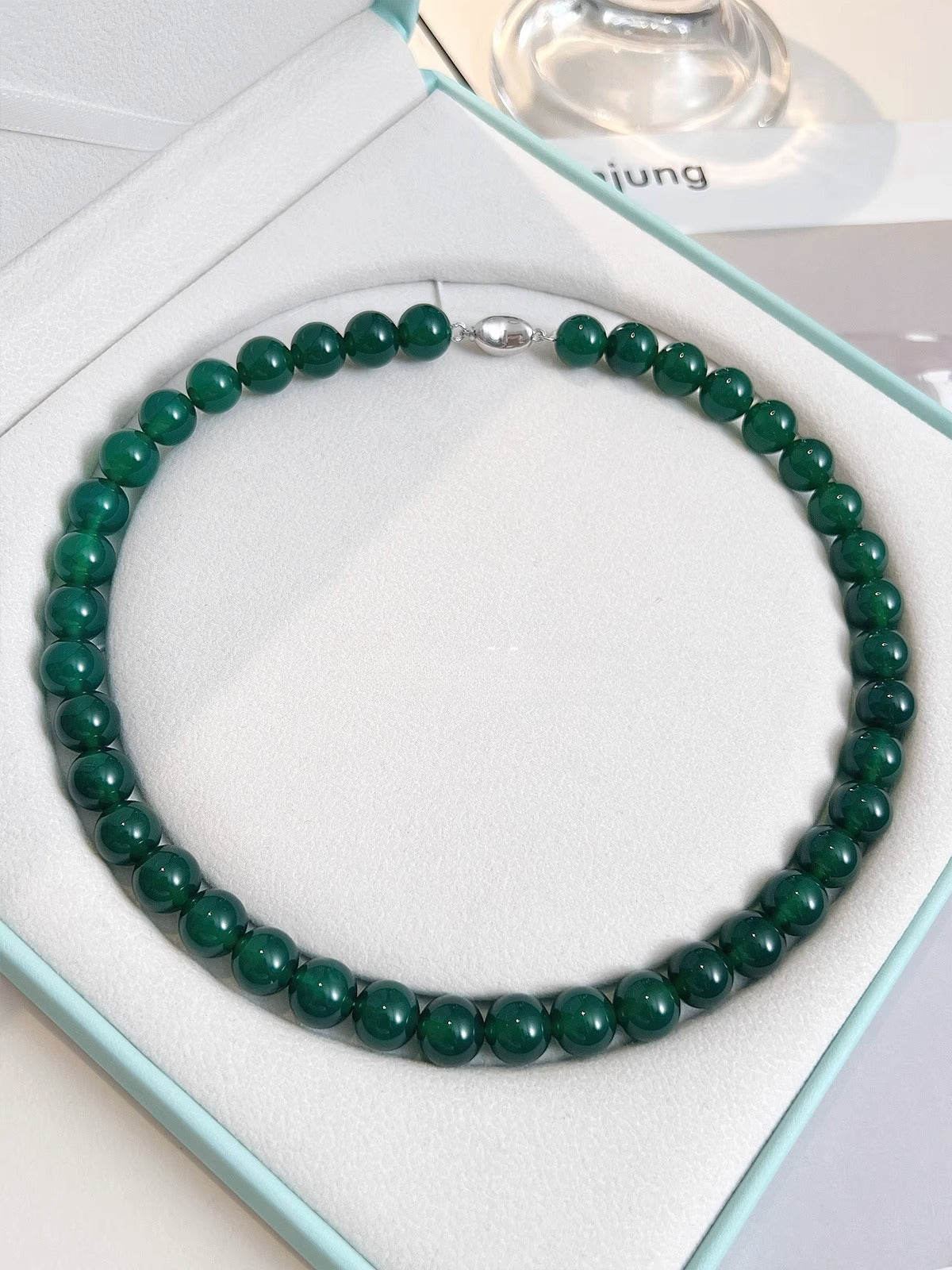Green Chalcedony Bead Necklace – Natural Green Gemstone Necklace with 925 Sterling Silver Clasp, Elegant Women’s Jewelry