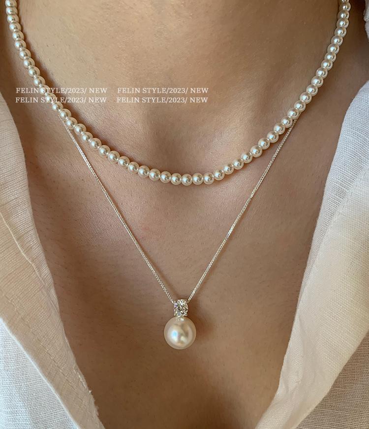 S925 sterling silver, single pearl pendant necklace, collarbone chain neck chain, white, gray pearl baby beads, can be stacked.