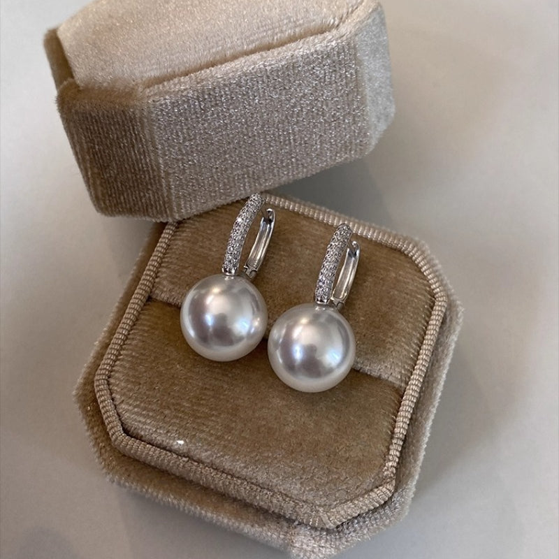 Elegant French Style Pearl Drop Earrings - S925 Sterling Silver | Classic & Versatile Dangle Hoops with Cubic Zirconia