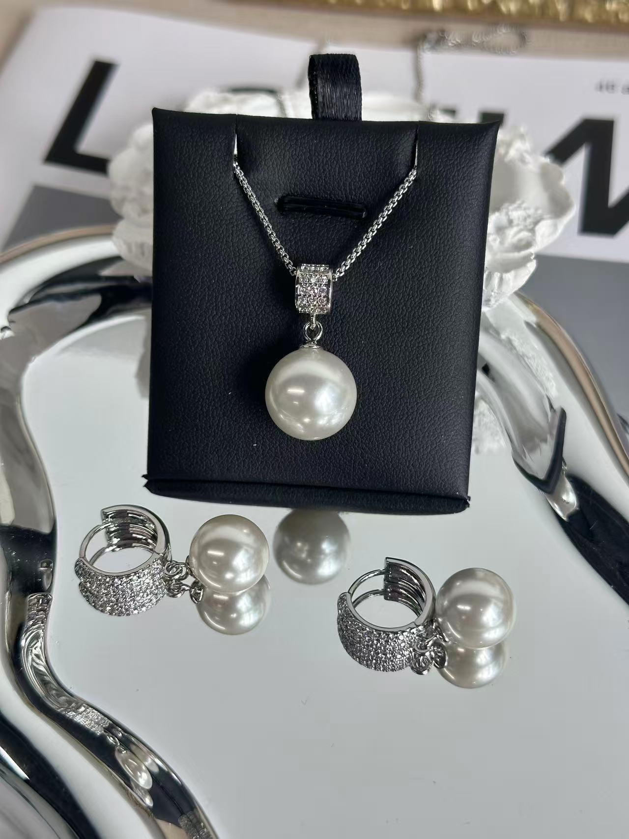 Elegant Shell Pearl Necklace & Earrings Set – Sterling Silver Plated Cubic Zirconia Jewelry Set for Women | Available in Multiple Colors