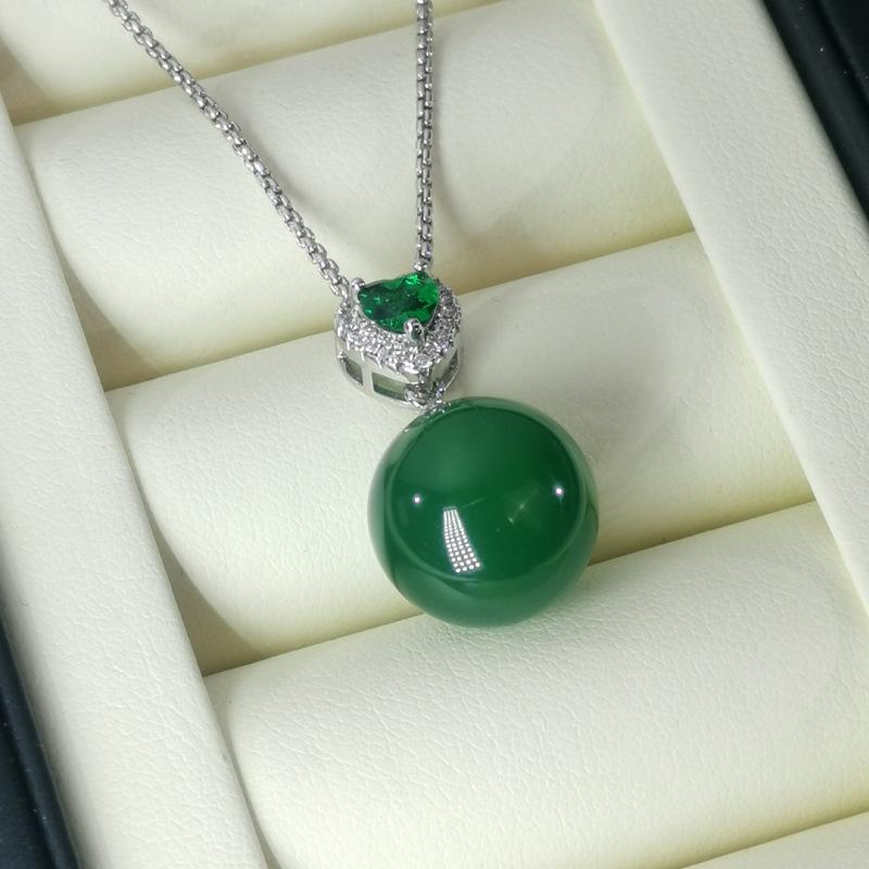 Green Chalcedony Jewelry Set – Pendant Necklace & Drop Earrings with Zircon, Elegant Party Statement Set for Women