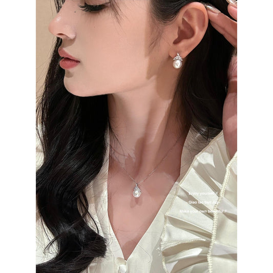 Flash diamond gray pearl necklace earrings set 925 silver needle set light luxury texture temperament simple, girlfriend gift, party