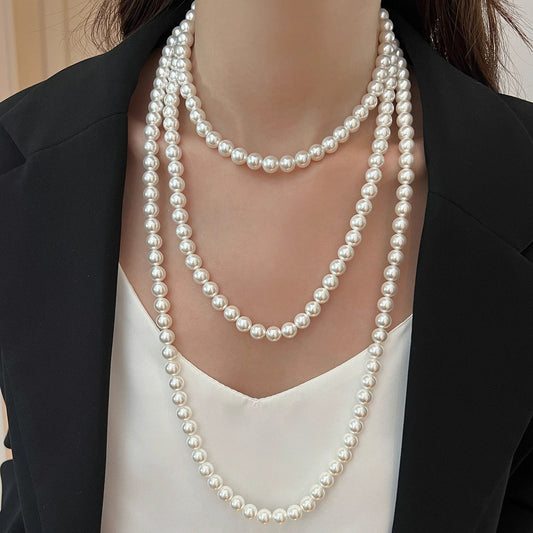 White Pearl Necklace | Long Sweater Chain in Hepburn Style | 2025 New Trend for Women | Stacked & Worn Design | Light Luxury Niche Jewelry