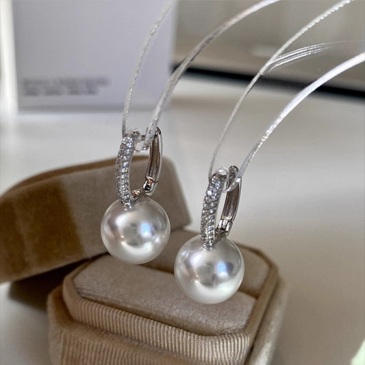 Elegant French Style Pearl Drop Earrings - S925 Sterling Silver | Classic & Versatile Dangle Hoops with Cubic Zirconia