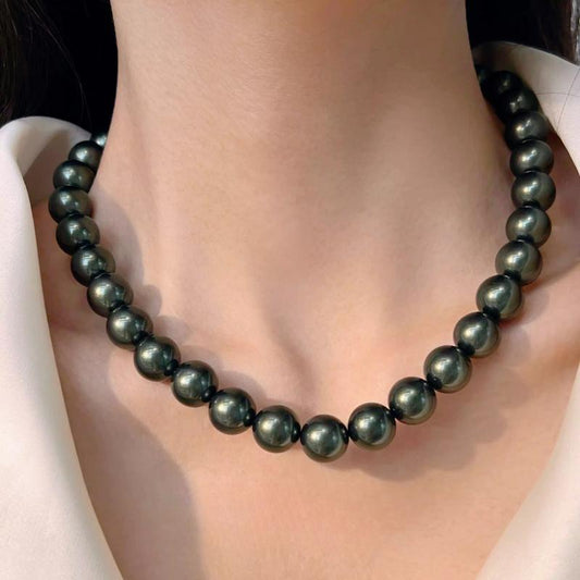 8mm ~ 14mm silver ingot buckle Tahiti black and green pearl necklace, women's strong light high-end, malachite green neck chain, birthday gift, free earrings.