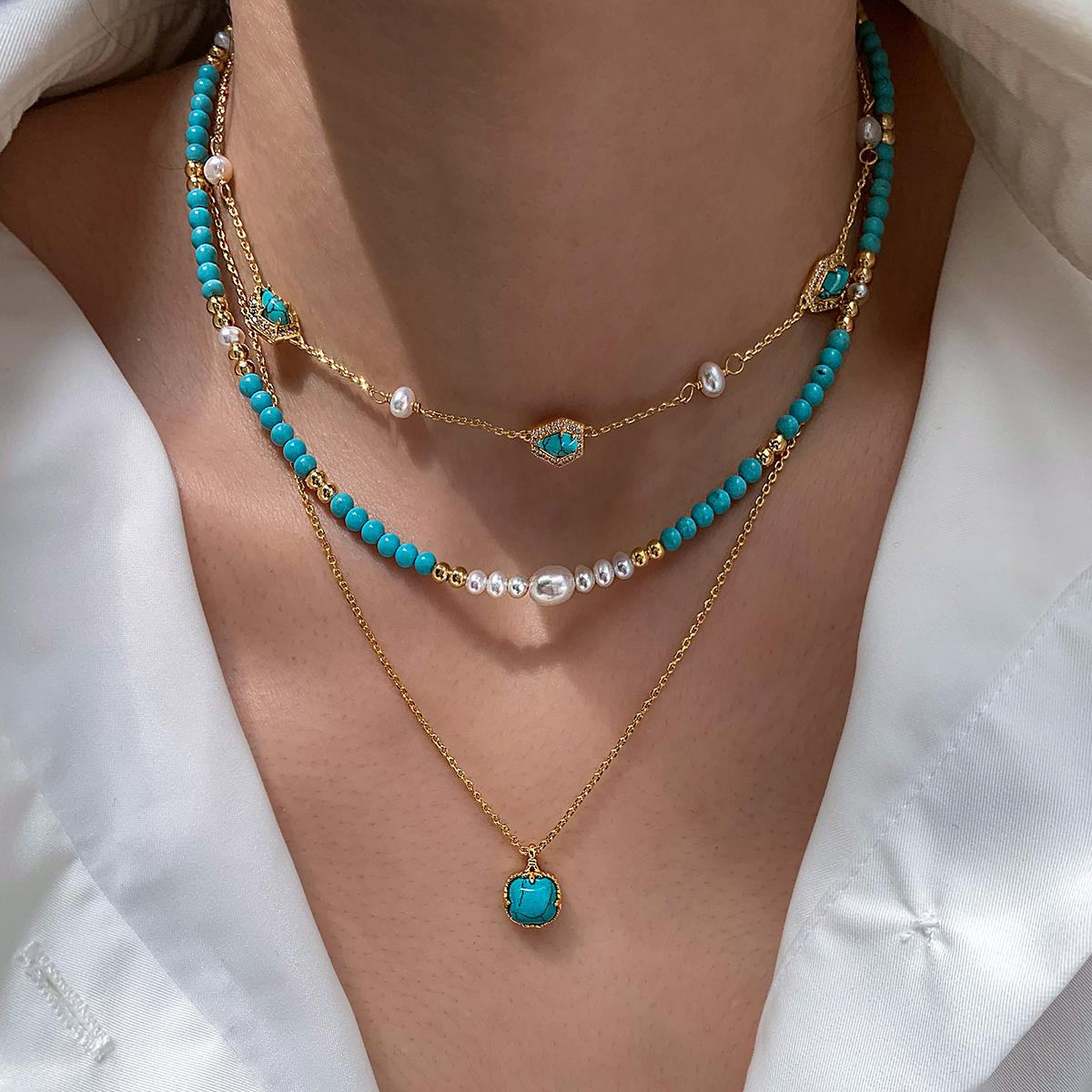Natural freshwater pearl turquoise pendant beaded necklace women's 2025 super fire light luxury high-end feeling stacked neck chain