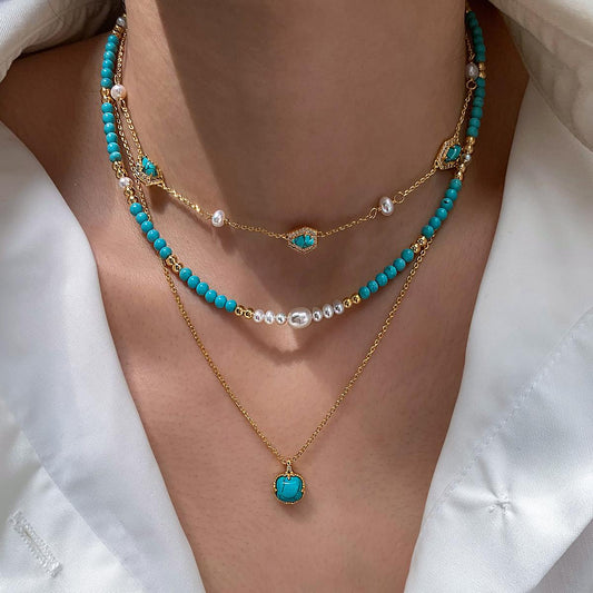 Natural freshwater pearl turquoise pendant beaded necklace women's 2025 super fire light luxury high-end feeling stacked neck chain