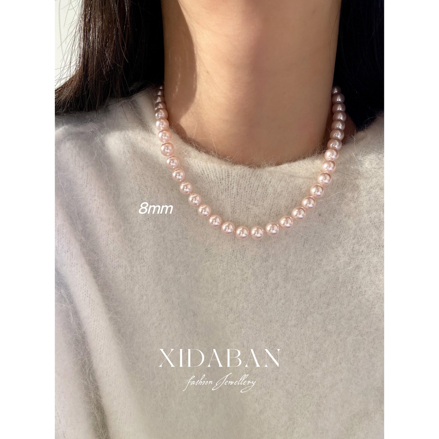 Blush Pink Pearl Necklace – 6mm / 8mm / 10mm / 12mm Classic Beaded Strand, Elegant Gift for Her shell pearl