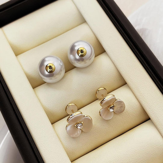 Clover pearl stud earrings, niche design sense, front and rear two-wear earrings, temperament silver needle earrings [three-wear method] Clover stud earrings 12mm