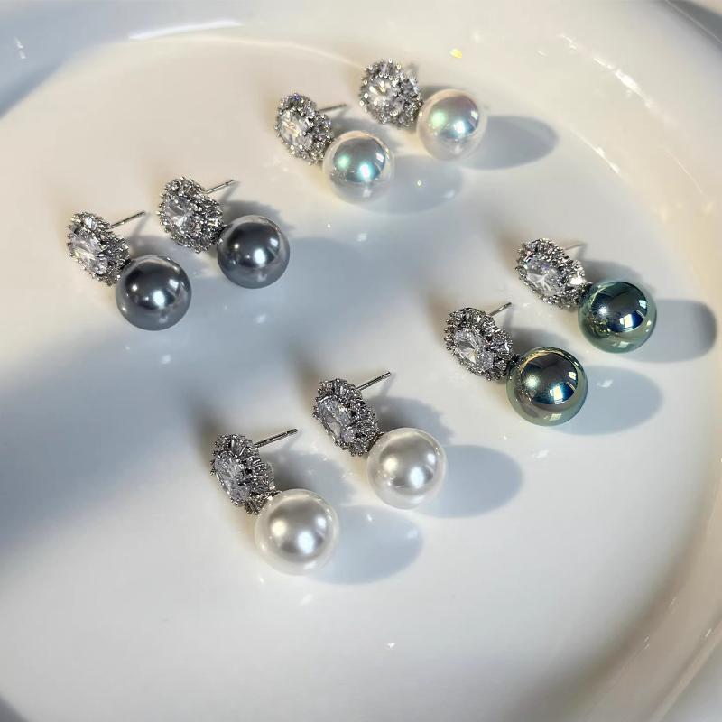 Classic Princess Diana Malachite Green 12mm Pearl Stud Earrings, Super Sparkling Zircon Earrings, High-end Earrings for Women, Gifts, Blue, White.