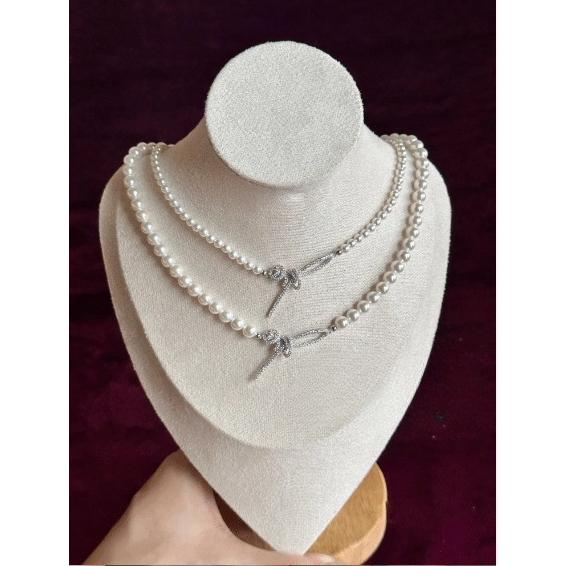 White & Gray Baby Pearl Necklace with Bow – 4mm 6mm 8mm Pearl Chain, Elegant Gift for Girls, Girlfriend & Wedding