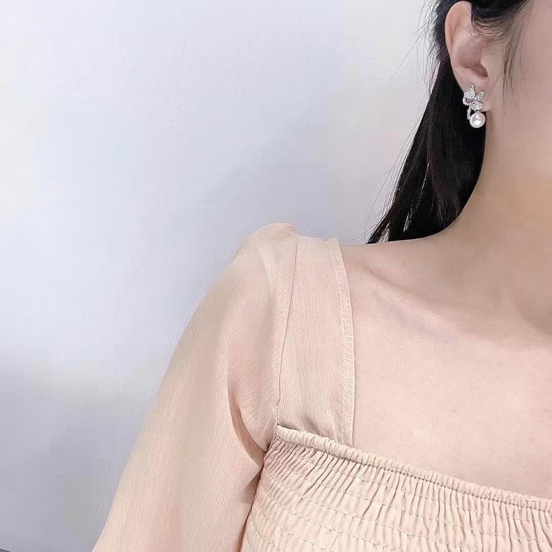 New Girly Bow Earrings S925 Sterling Silver Earrings Pearl Diameter 9-10MM White Pearl
