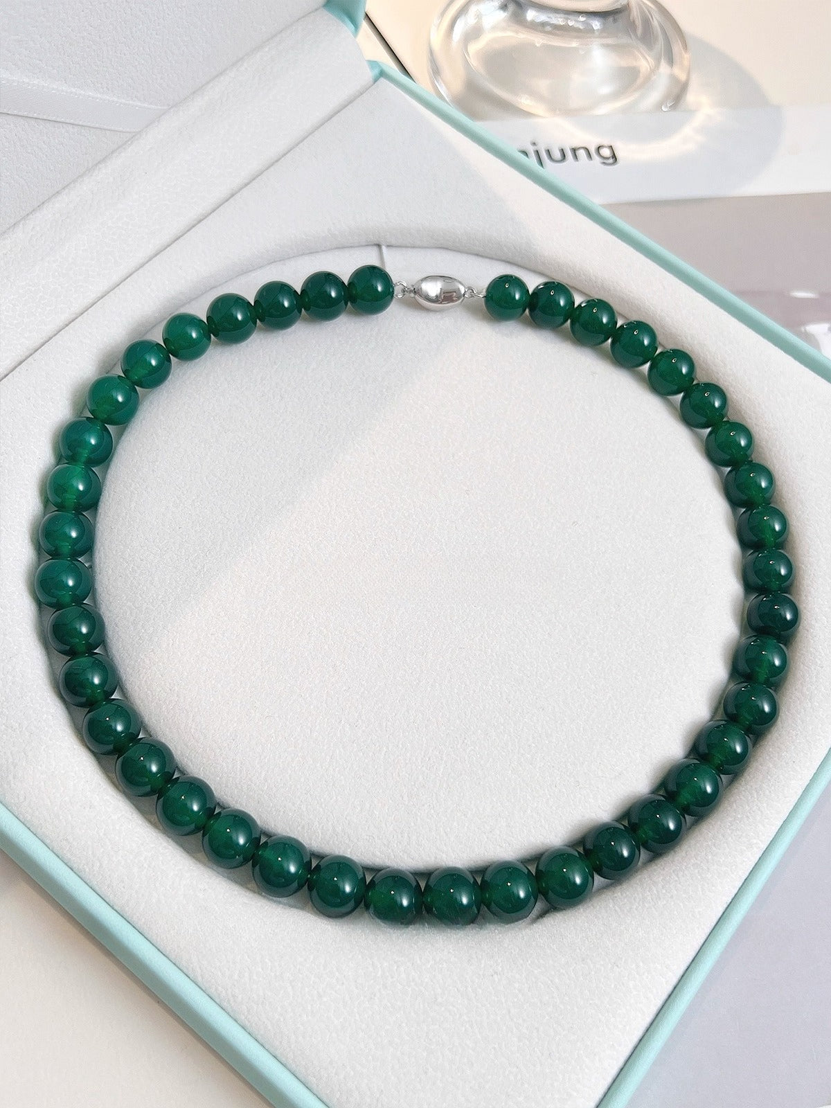 Green Chalcedony Bead Necklace – Natural Green Gemstone Necklace with 925 Sterling Silver Clasp, Elegant Women’s Jewelry