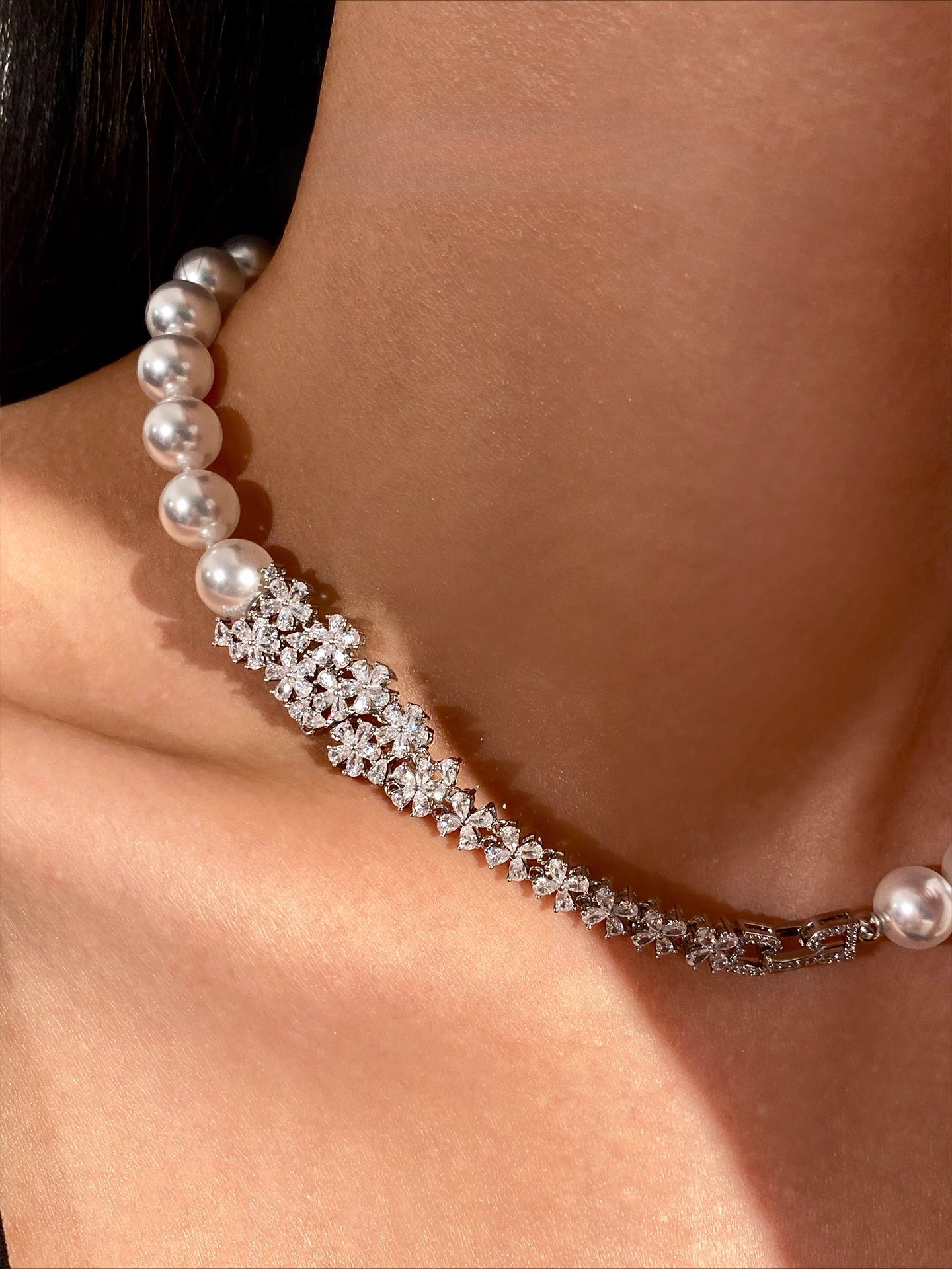 Mother's Day Gift: Elegant Pearl Necklace & Bracelet Set | Crystal Floral Luxury Statement Jewelry for Parties & Gifts