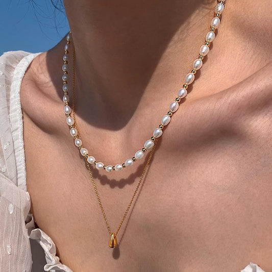 Natural freshwater pearl double-layer stacked water drop pendant necklace women's summer exclusive accessories light luxury high-end neck chain