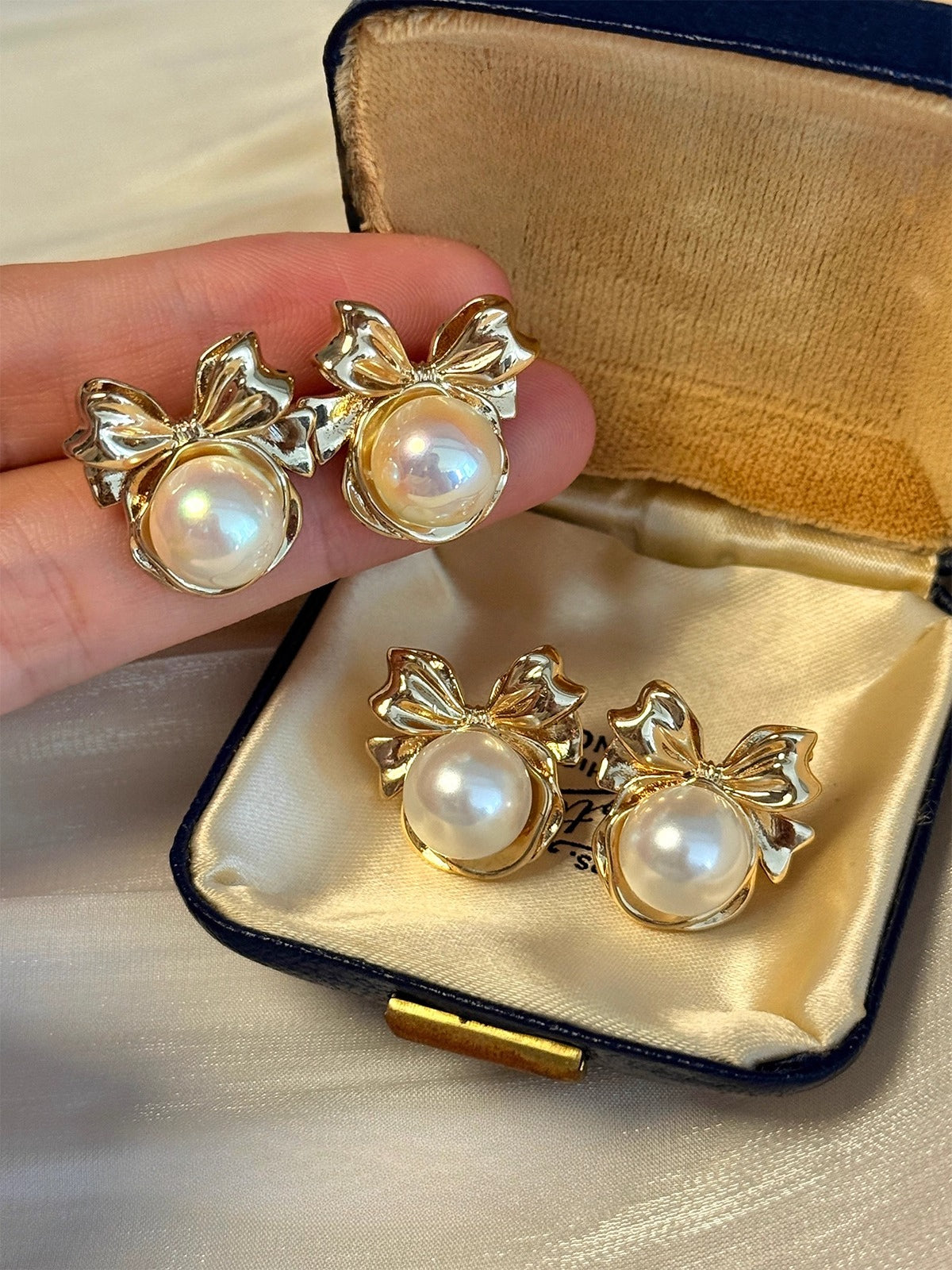 High-End Light Luxury White Pearl Bow Stud Earrings for Women - 2025 Collection