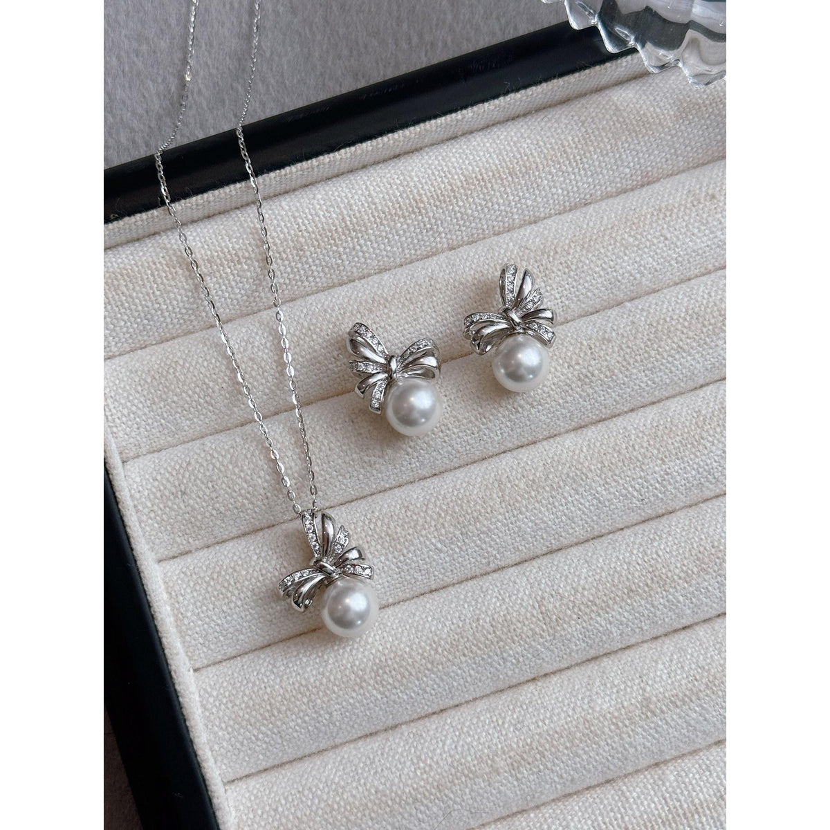 Bow Diamond Pearl Earrings Set for Women White Jewelry Cute Gift Idea Birthday Holiday Present