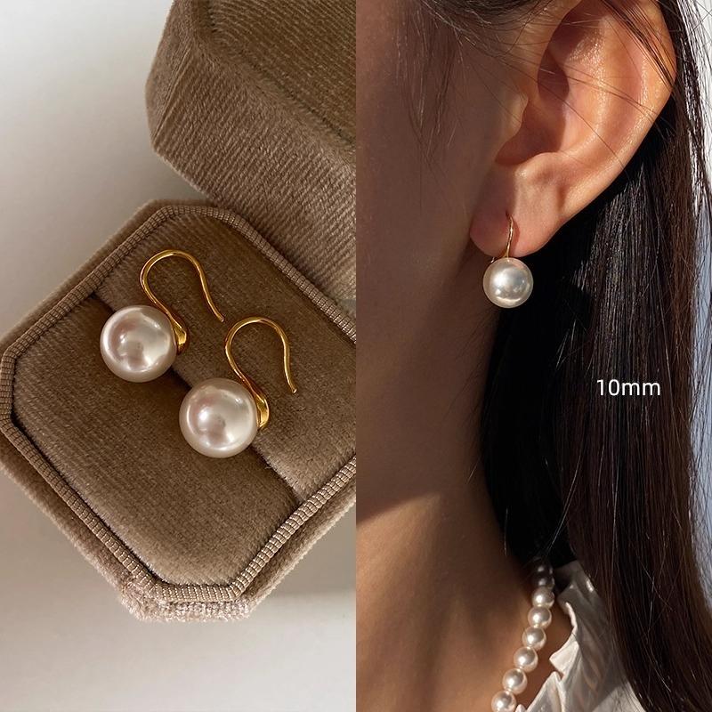 French Elegant High Heel Pearl Hook Earrings 12mm Pearl Stud Earrings Ear Hook 10mm For Daily Dating Gifts Fashion Women Jewelry
