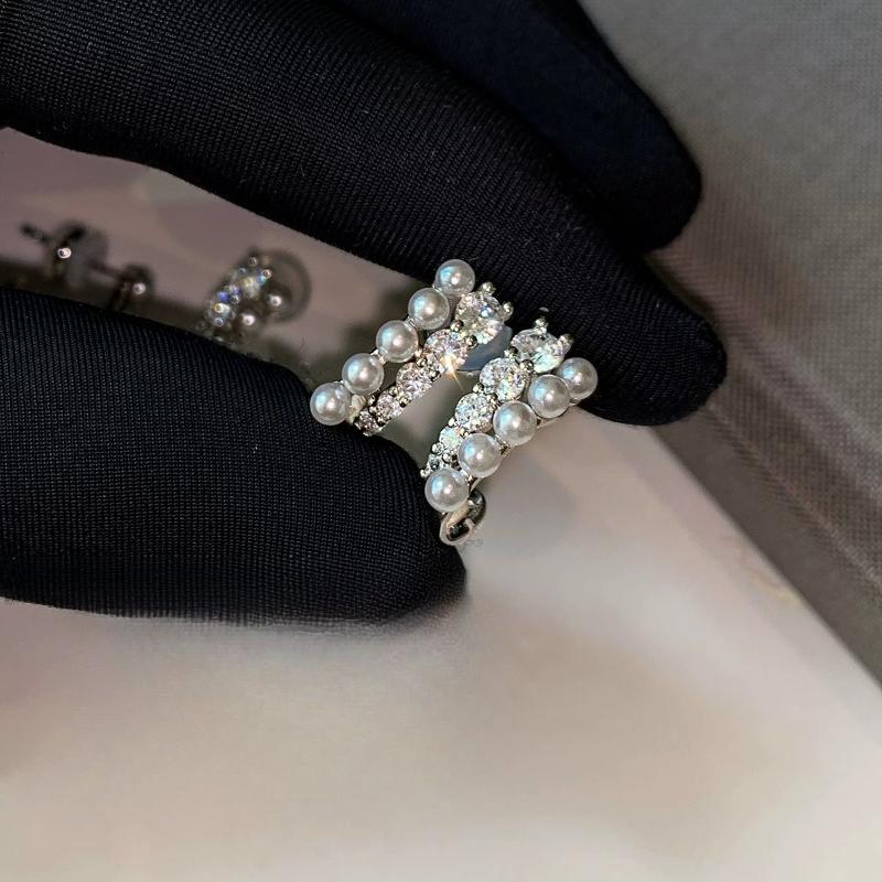 Double Layer Silver Rhinestone Pearl Earrings Set for Women Luxury Elegant Unique Fashion Stud Earrings Gift