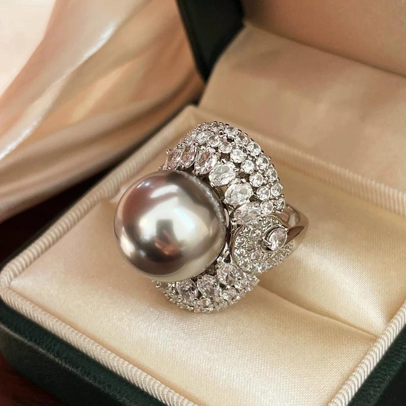 Luxury 16mm Big White Shell Pearl Ring for Women Bling  Zircon Inlaid  Ring Glamorous Pigeon Egg Finger Ring Jewelry Gift
