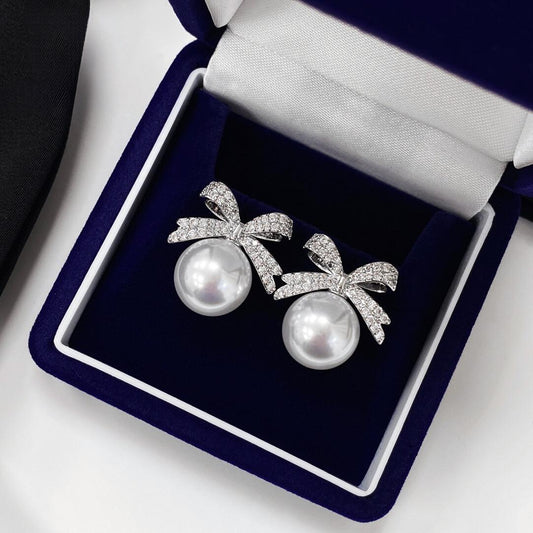 Full Diamond Bow Pearl Earrings Premium S925 Silver Needle Earrings 10mm