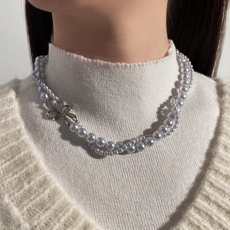 Rose Double Bow Pearl Necklace Mashed Taro Purple High-end Light Luxury Niche Color Sweater Necklace · [Bow Double Layer] 4 + 8mm Taro Purple Manta Rose