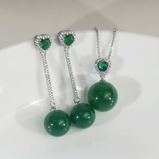 Green Chalcedony Jewelry Set – Pendant Necklace & Drop Earrings with Zircon, Elegant Party Statement Set for Women