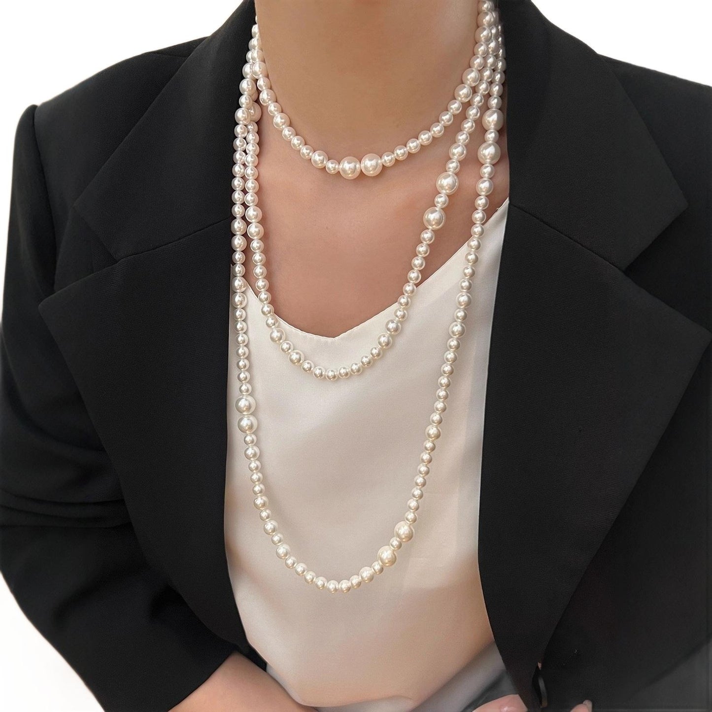 160cm Mother-of-Pearl Necklace – Long, Affordable Luxury Sweater Chain for Fall & Winter, Multi-Layered Stacking Design