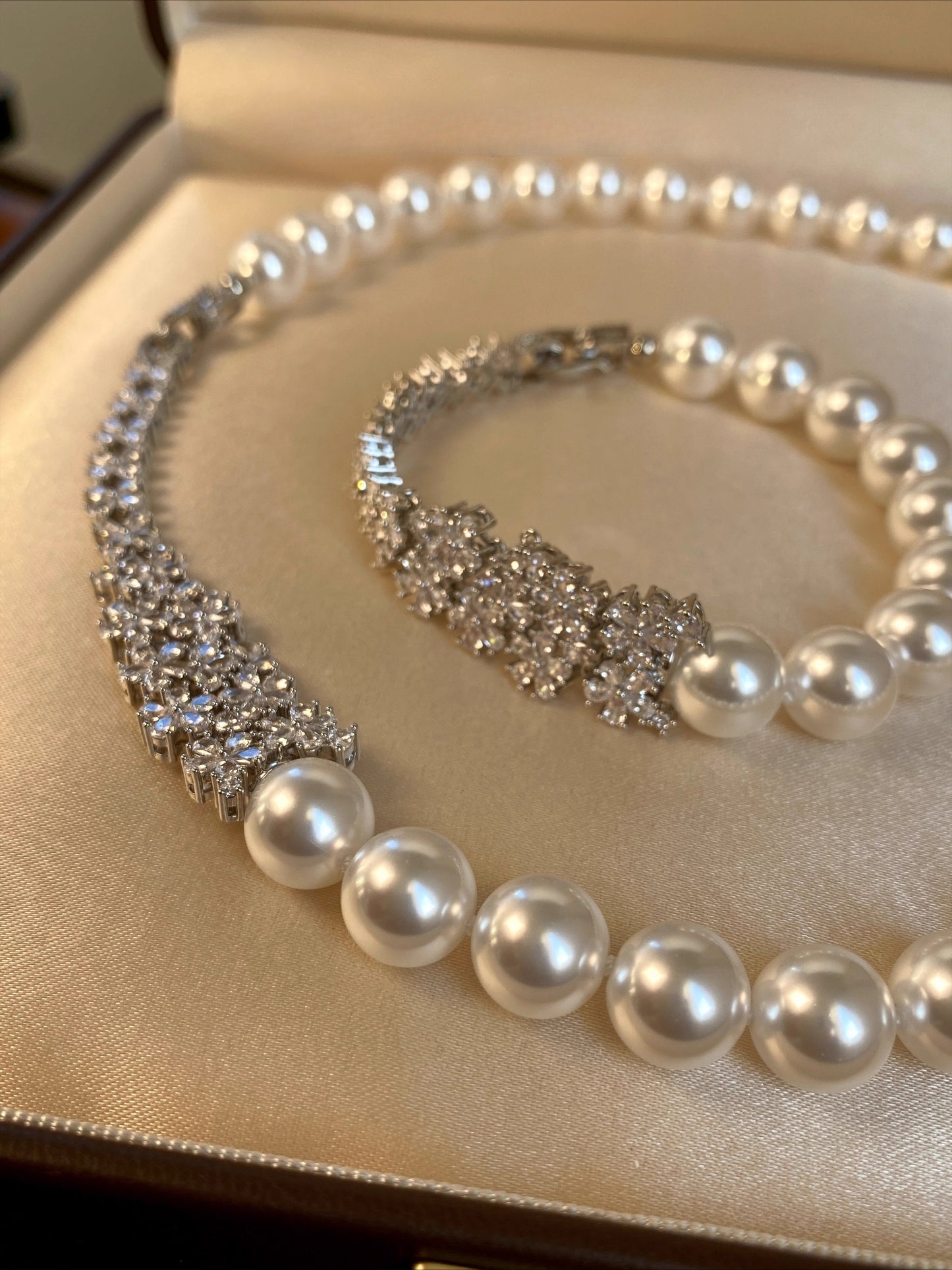 Mother's Day Gift: Elegant Pearl Necklace & Bracelet Set | Crystal Floral Luxury Statement Jewelry for Parties & Gifts