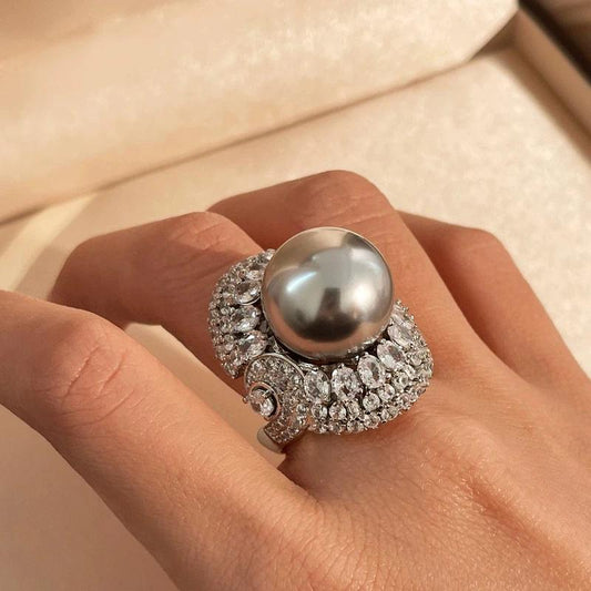 Luxury 16mm Big White Shell Pearl Ring for Women Bling  Zircon Inlaid  Ring Glamorous Pigeon Egg Finger Ring Jewelry Gift