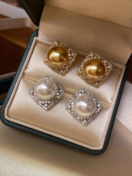 Gold & White Pearl Earrings | Geometric Rhombus Design with Miniature Zircon | S925 Silver | Niche Premium Stud Earrings