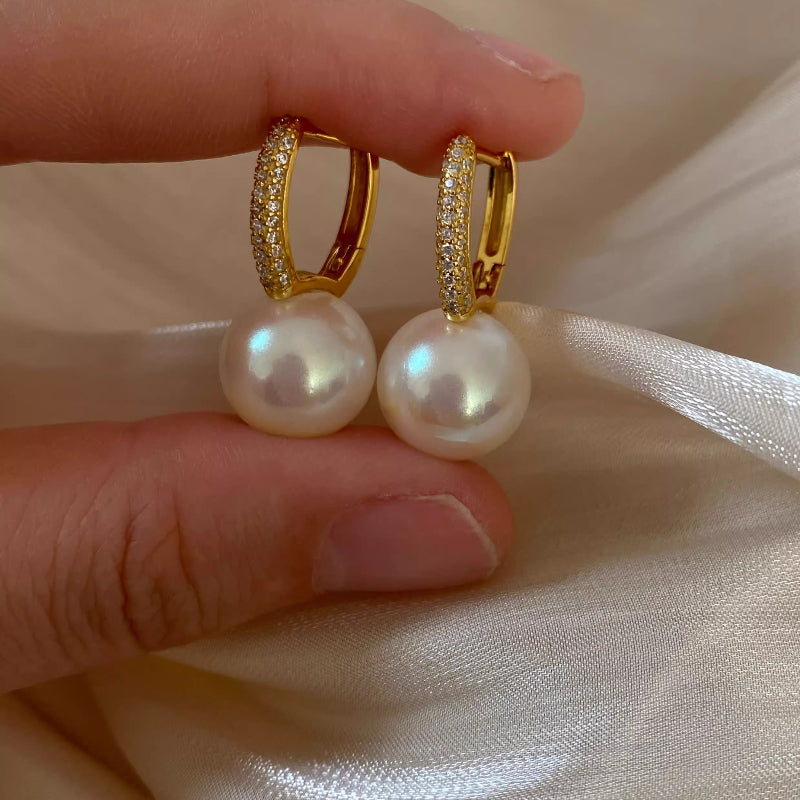 Elegant French Style Pearl Drop Earrings - S925 Sterling Silver | Classic & Versatile Dangle Hoops with Cubic Zirconia