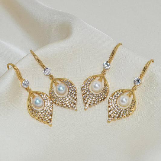 Korean luxury pearl earrings full of diamond water drop leaves, suitable for parties, graduation ceremonies, birthday gifts, Mother's Day gifts