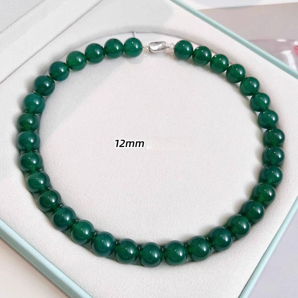 Green Chalcedony Bead Necklace – Natural Green Gemstone Necklace with 925 Sterling Silver Clasp, Elegant Women’s Jewelry