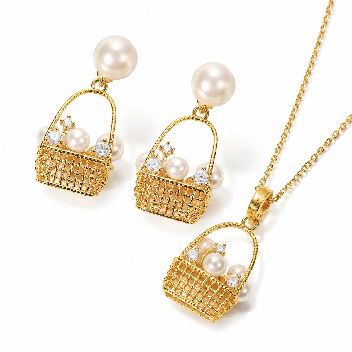 Vela Woven Basket Pearl Earrings & Pendant - image 1